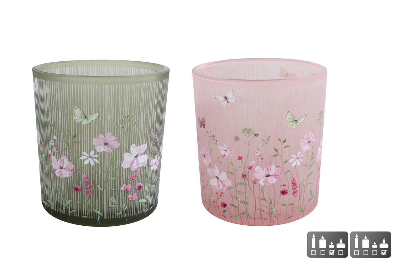 Theelichth  S roze/groen 7,5x7,5x8c