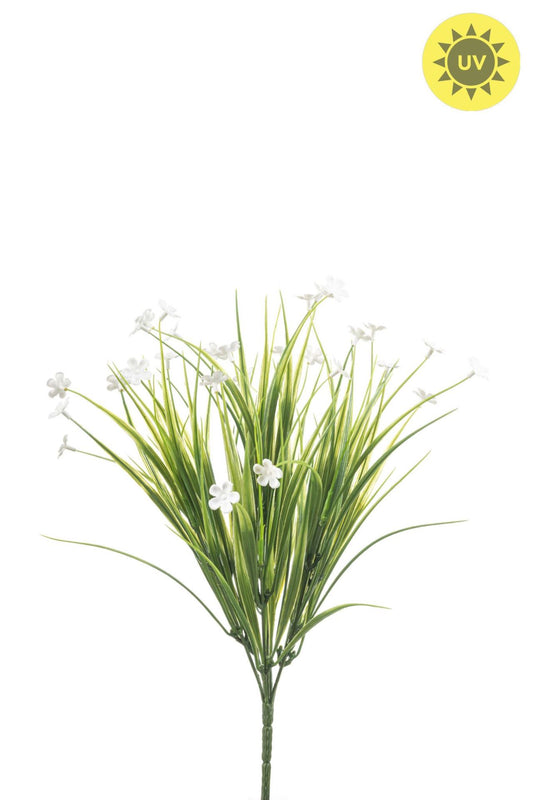 Grass bush w white flower UV 40cm
